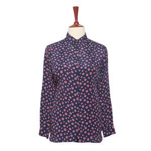 Womens Silky Satin Shirt Blue Red Polka Dot Blouse Button Up Dressy Top Medium